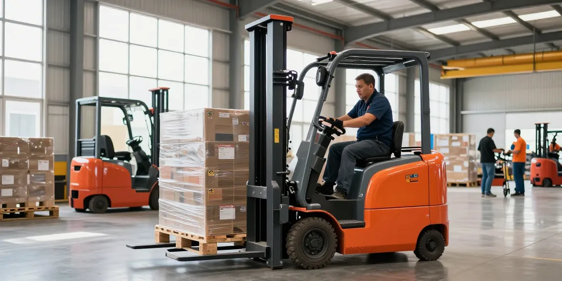 Electric lift stacker in action lifting pallets in a bright warehouse setting.