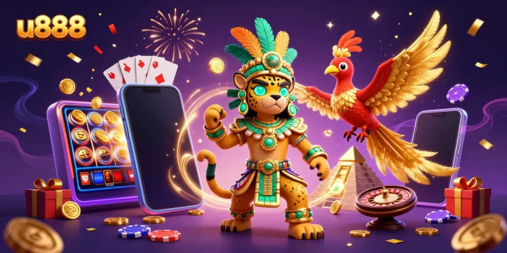 Experience the thrill of u888 online gaming with a vibrant carnival of slot games and festive characters.