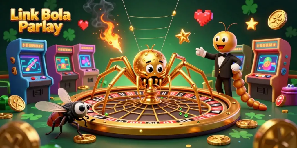 Engage with Link Bola Parlay while enjoying a thrilling 3D illustration of a golden spider and colorful game elements.