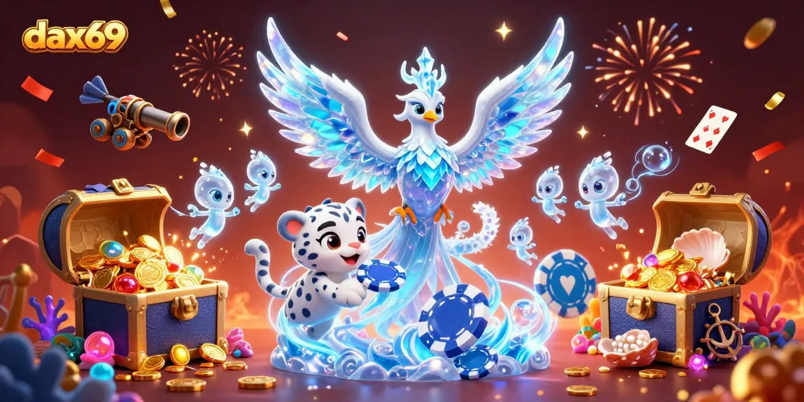 Dax69 menyajikan ilustrasi kasino yang menarik dengan karakter phoenix es dan leopard salju dalam suasana permainan.