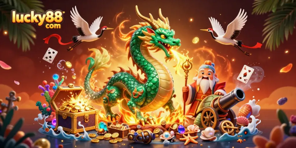 Experience thrilling gameplay with lucky88 com, featuring a dynamic scene of a dragon, turtles, and luxurious treasures.