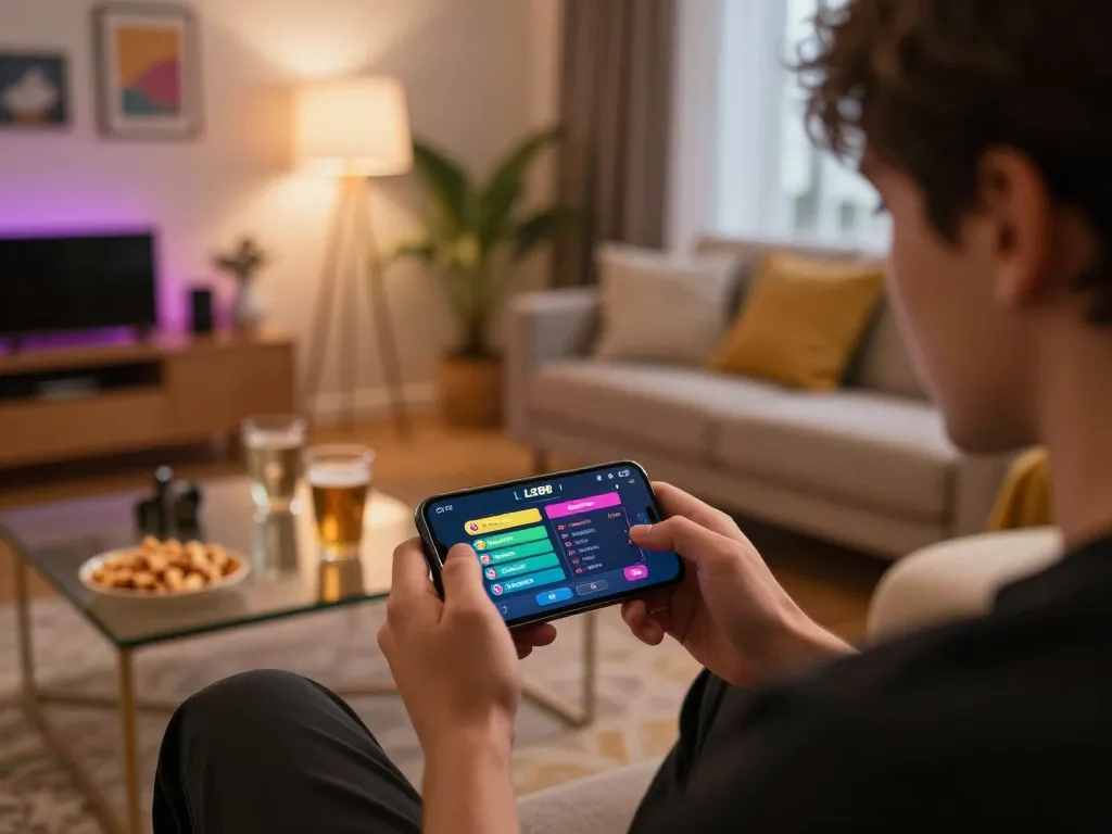 Player enjoying sports betting on the LC88 app in a cozy home environment, highlighting mobile gambling experience