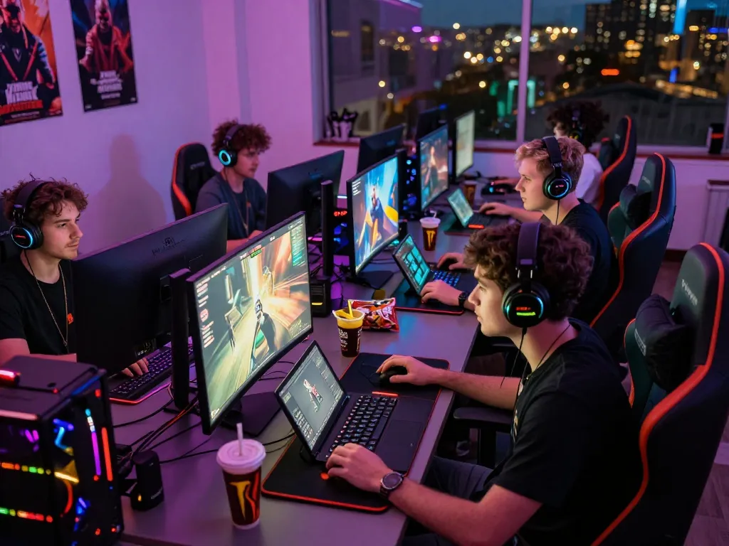 Intense online gaming atmosphere at https://bomwin.jp.net/ with competitive players, vibrant lighting, and gaming gear.