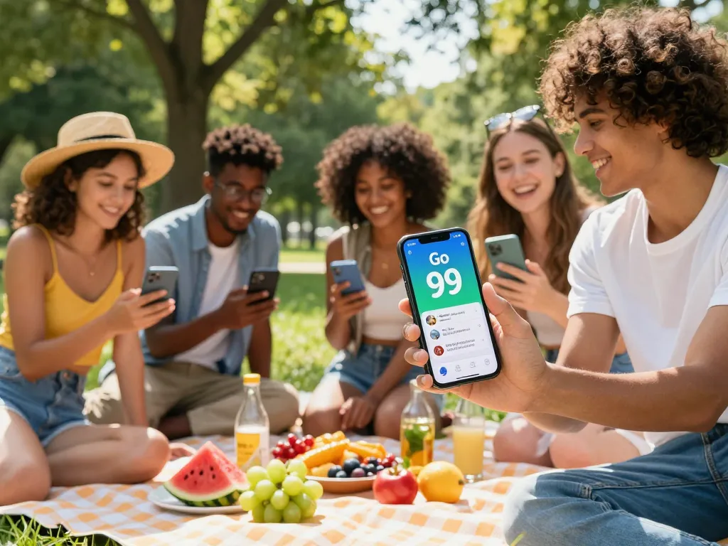 Friends enjoying picnic using smartphones, showcasing Go 99 data plan features on device screen.
