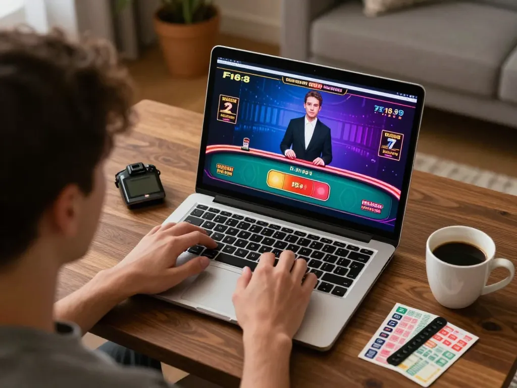 Player enjoying F168 online casino games on a laptop, showcasing vibrant gameplay and responsible gambling.