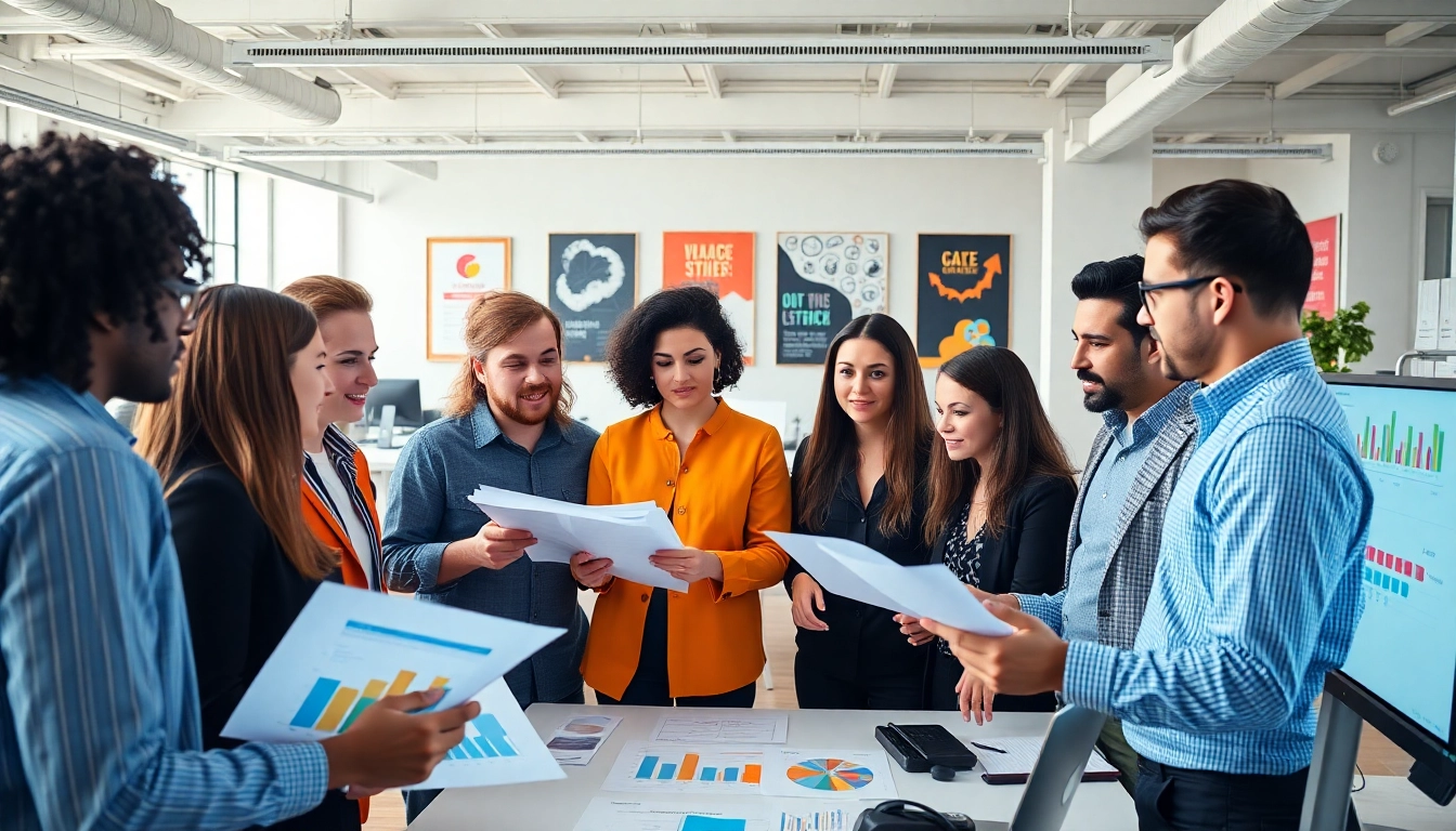 Dynamic marketing agency team brainstorming strategies in a modern office environment.