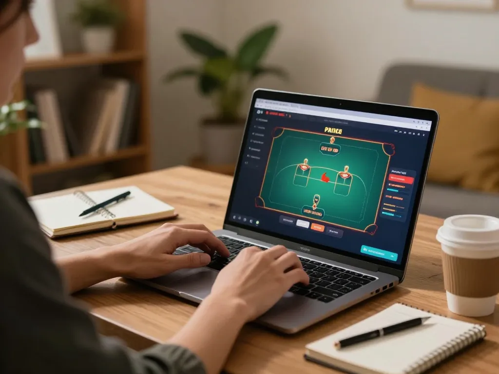 Kuwin player engaging with online poker game on laptop at home, showcasing strategic gameplay