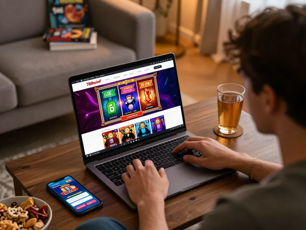 Engage with 789winf online casino games through a cozy home gaming setup, complete with laptop and strategy notes.