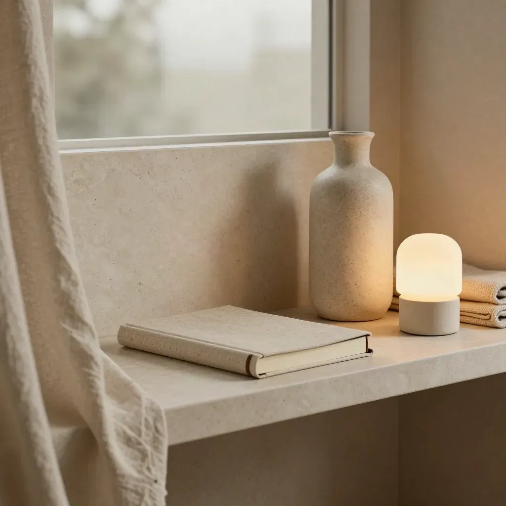 Ripiano serale con diario chiuso, coperta piegata, lampada in ceramica e caraffa vicino a parete chiara.