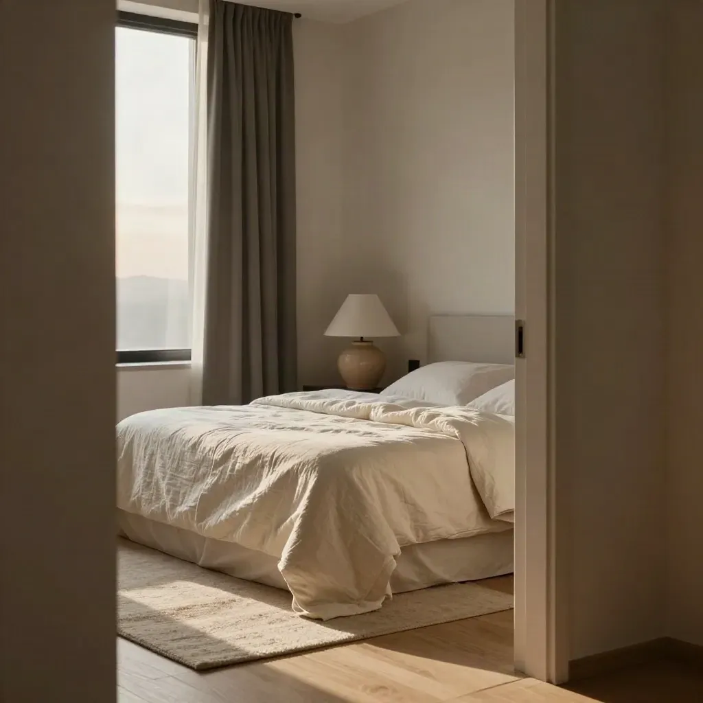 Camera da letto all’alba con lenzuola di lino, lampada in ceramica e tende socchiuse.