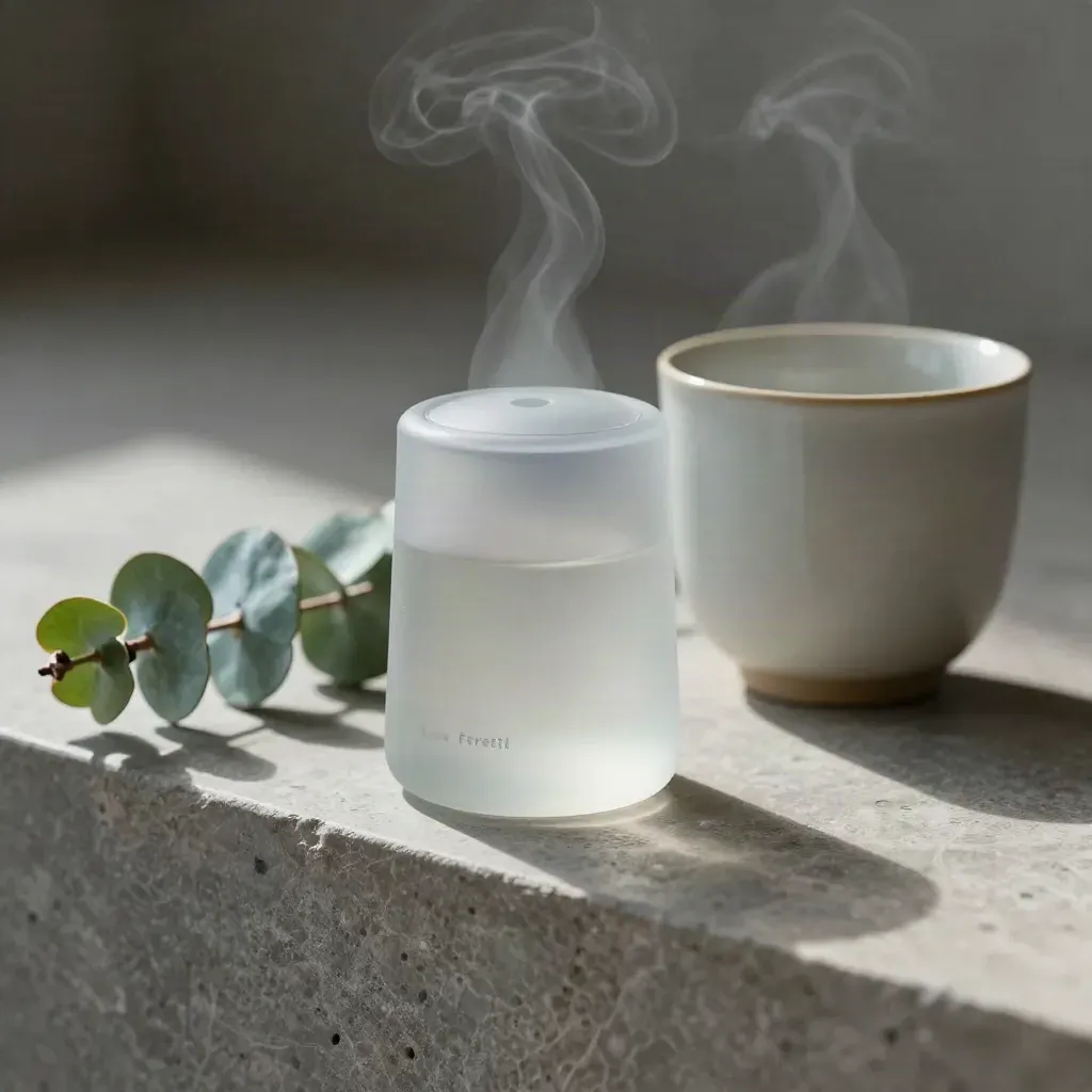 Timer del respiro in vetro satinato, eucalipto e tazza avorio su una mensola di pietra.