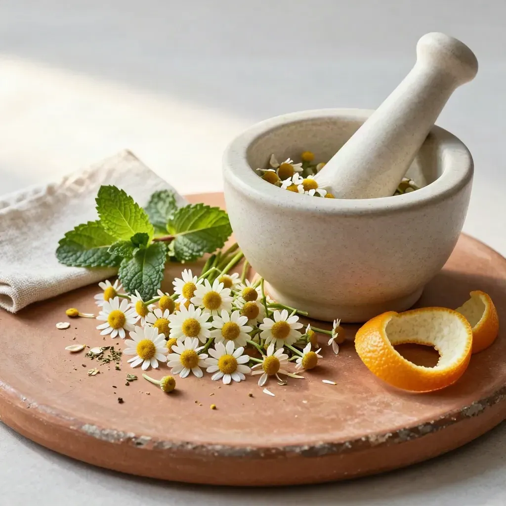 Camomilla, menta e scorza d’agrumi con mortaio in ceramica su lastra terracotta.