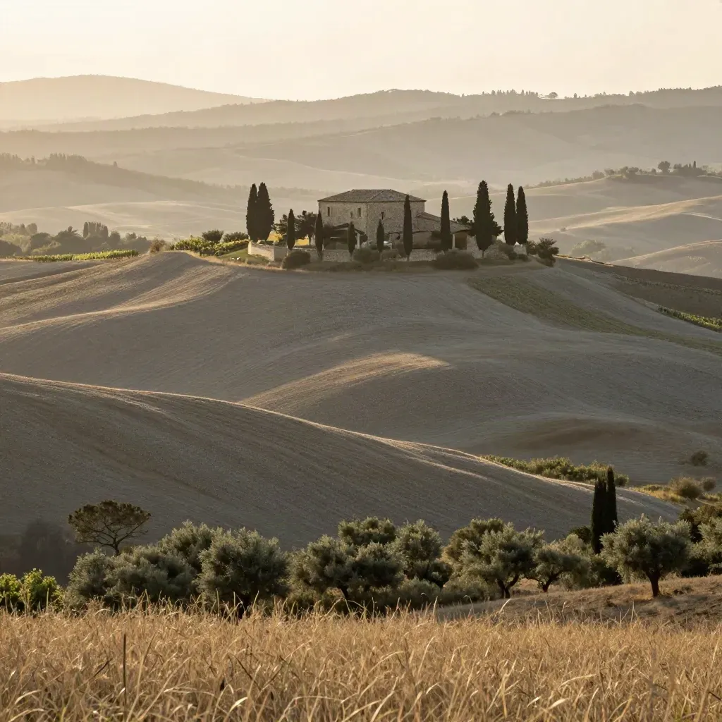 Colline toscane con casale in pietra e cipressi, valle morbida e luce calda