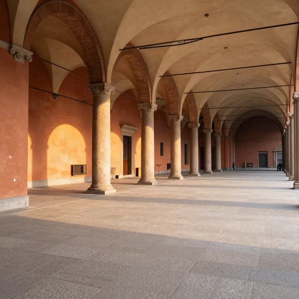 Portici in terracotta di Bologna su piazza chiara, con luce dorata e atmosfera soffusa.