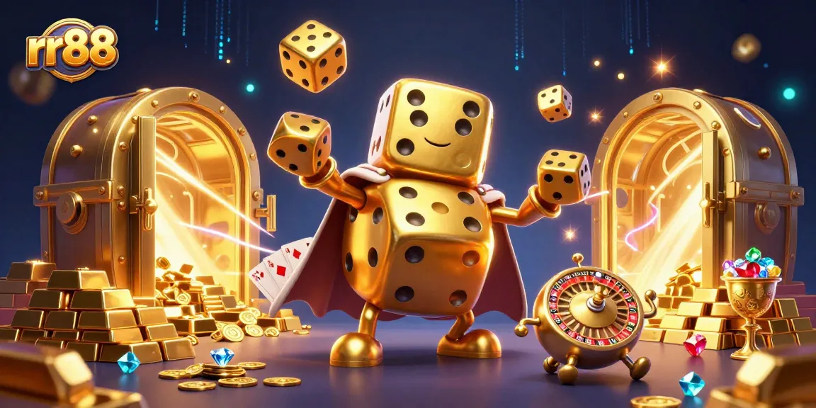 Play exciting games at rr88 featuring a golden dice golem, treasure vaults, and vibrant casino elements.