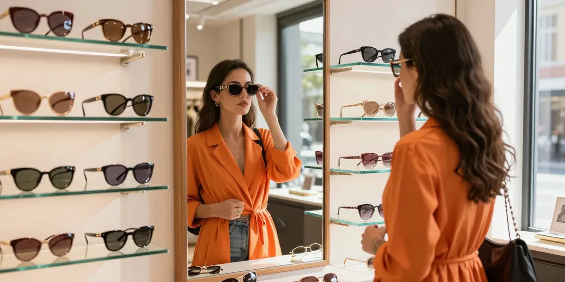 Mulher experimentando lentes de grau elegantes em boutique de moda.