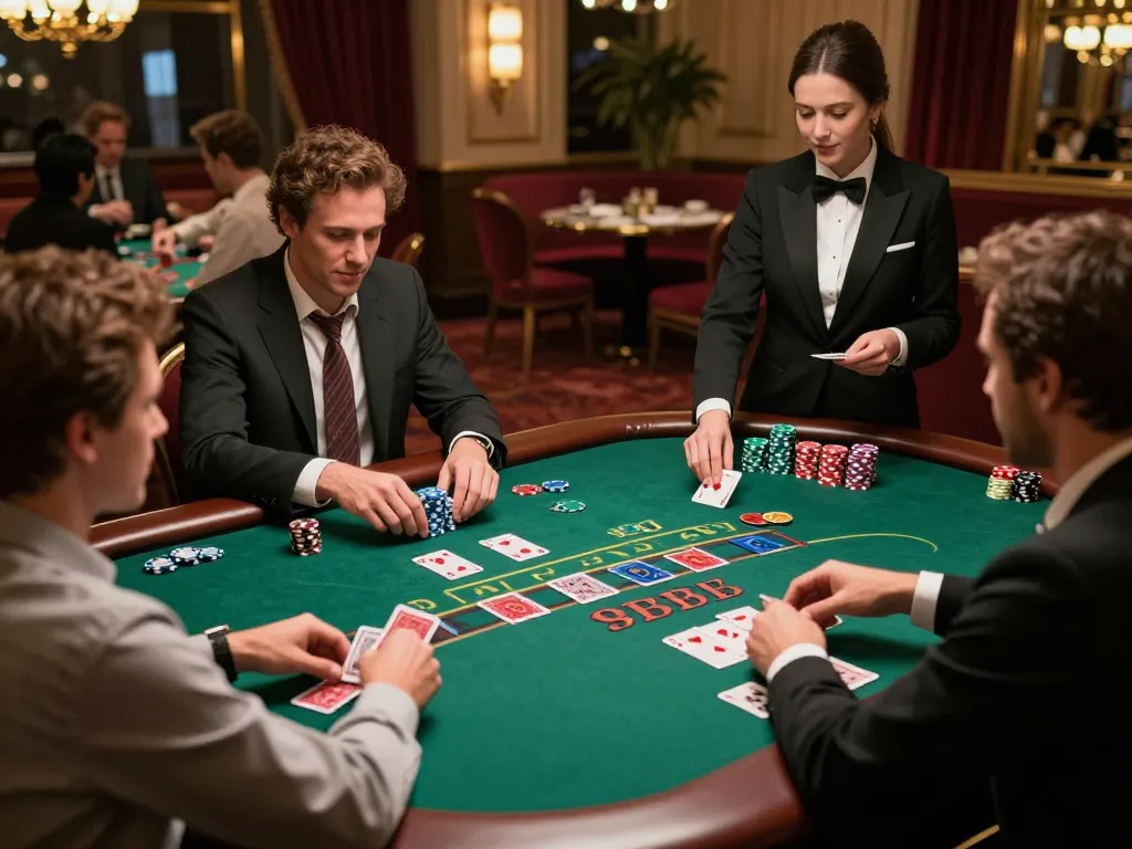 Players at OnBet's blackjack table making strategic bets in a luxurious casino setting