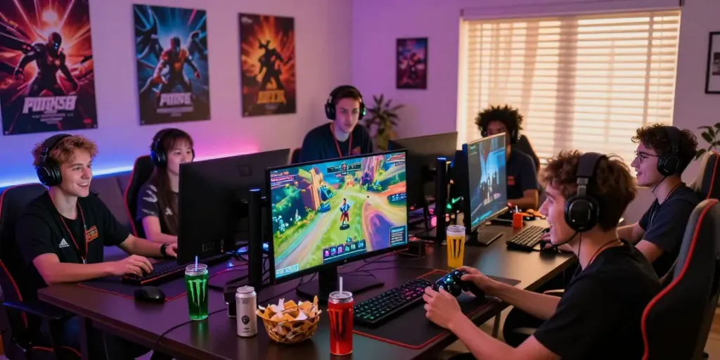 Community gamers engaged in a gaming session featuring the rokok88 link on a large screen.