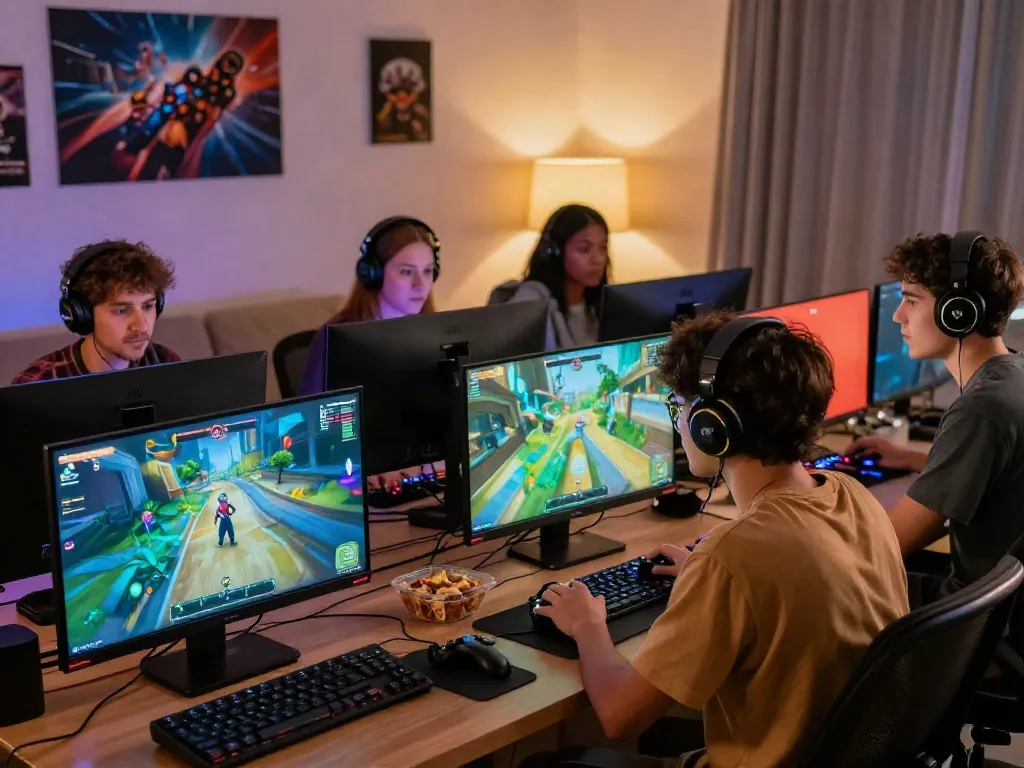 Engaged players enjoying rokok88 multiplayer game in a warm living room setting.