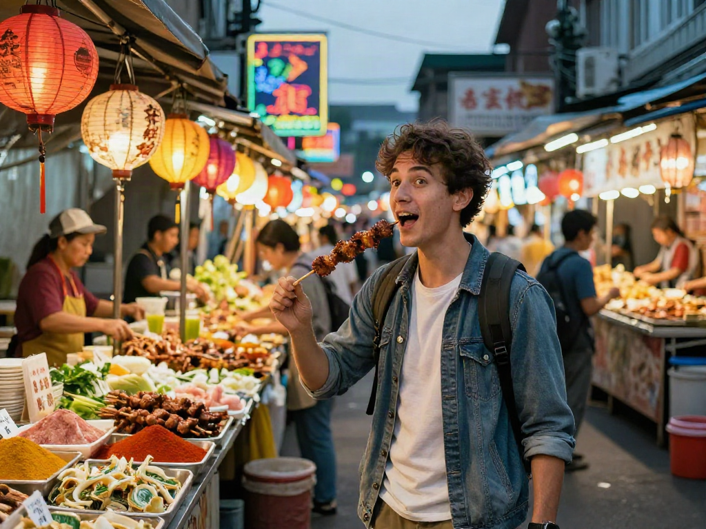 A traveler enjoying street food at a vibrant Asian market, exploring local cuisine, embodying the spirit of rokok88.