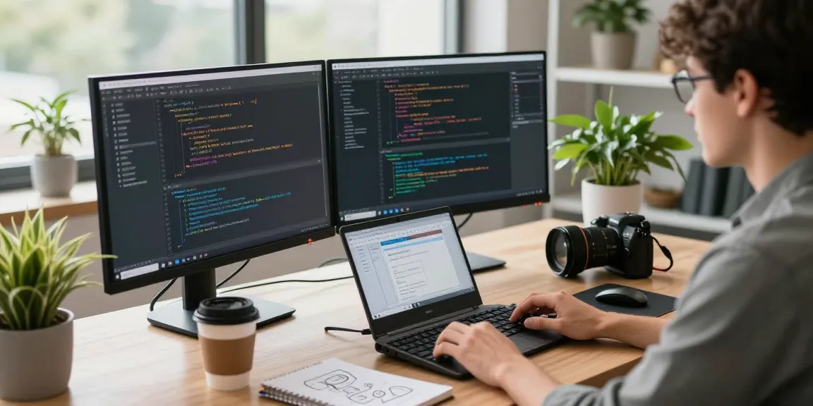 Developer coding Telegram Download features on dual screens in a modern office.