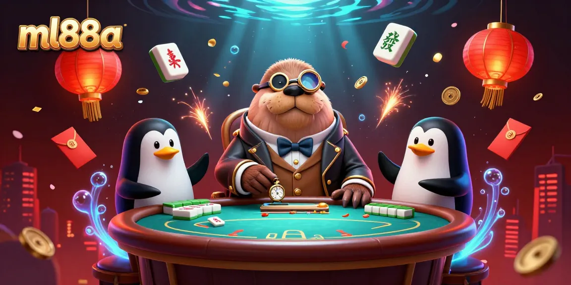 ml88a poker scene featuring a jolly walrus, a penguin dealer, and a pufferfish in a dynamic underwater casino
