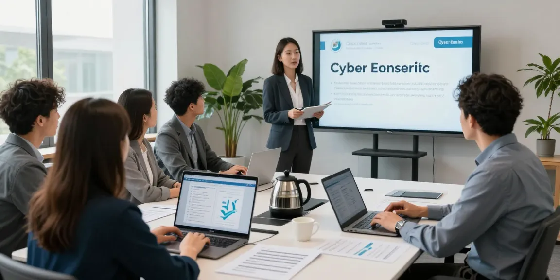 Understanding how to get cyber essentials certified in a professional office setting, showcasing a cybersecurity consultant presenting to a team.