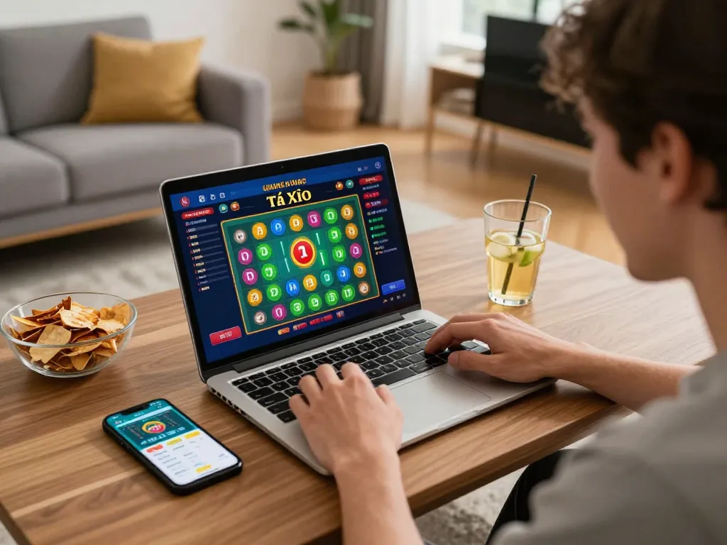 Tài xỉu online uy tín gameplay on a laptop, highlighting an engaging home gambling scene