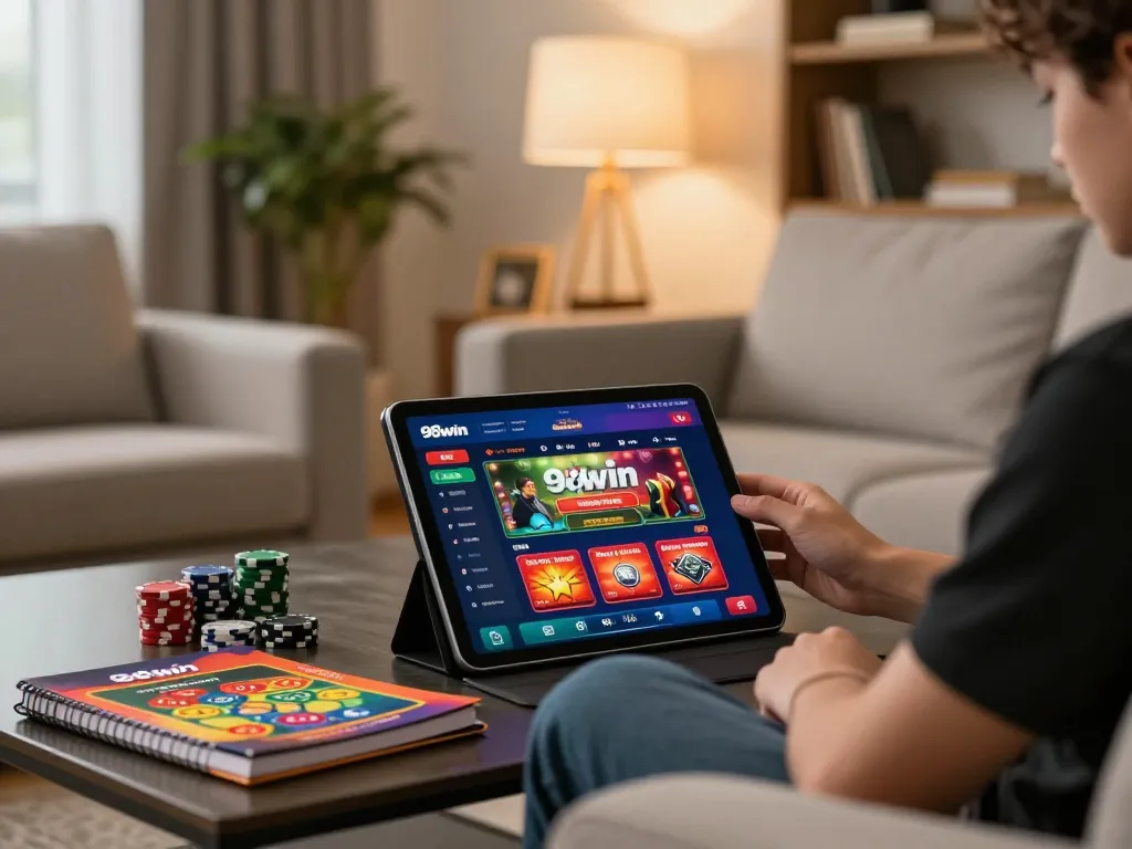 Engaged player using the 98win app for online casino gaming while relaxing at home.