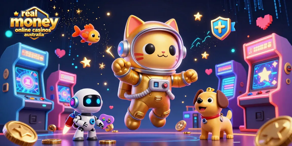 Experience excitement at real money online casinos Australia with a cosmic adventure featuring an astronaut cat and arcade game elements.