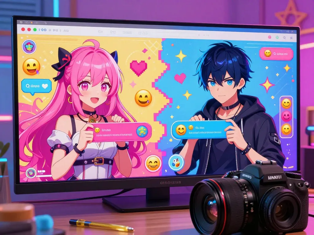 Engaging scene of characters in hentai AI chat, showcasing vibrant avatars and dynamic digital interactions, inviting users into playful conversations.