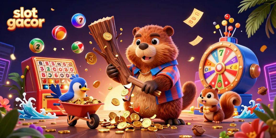 Experience slot gacor excitement with a lively scene of a beaver, bird, and squirrel collecting coins in a whimsical casino.