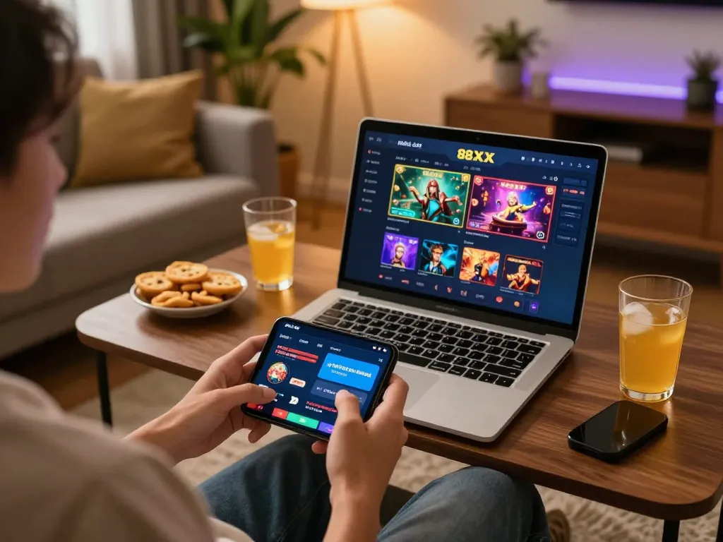 Engaging with the nhà cái 88XX mobile app in a cozy home gaming setup