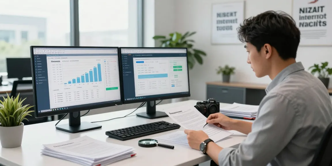 Document fraud detection scene showing compliance officer analyzing tools and documents in a modern office.