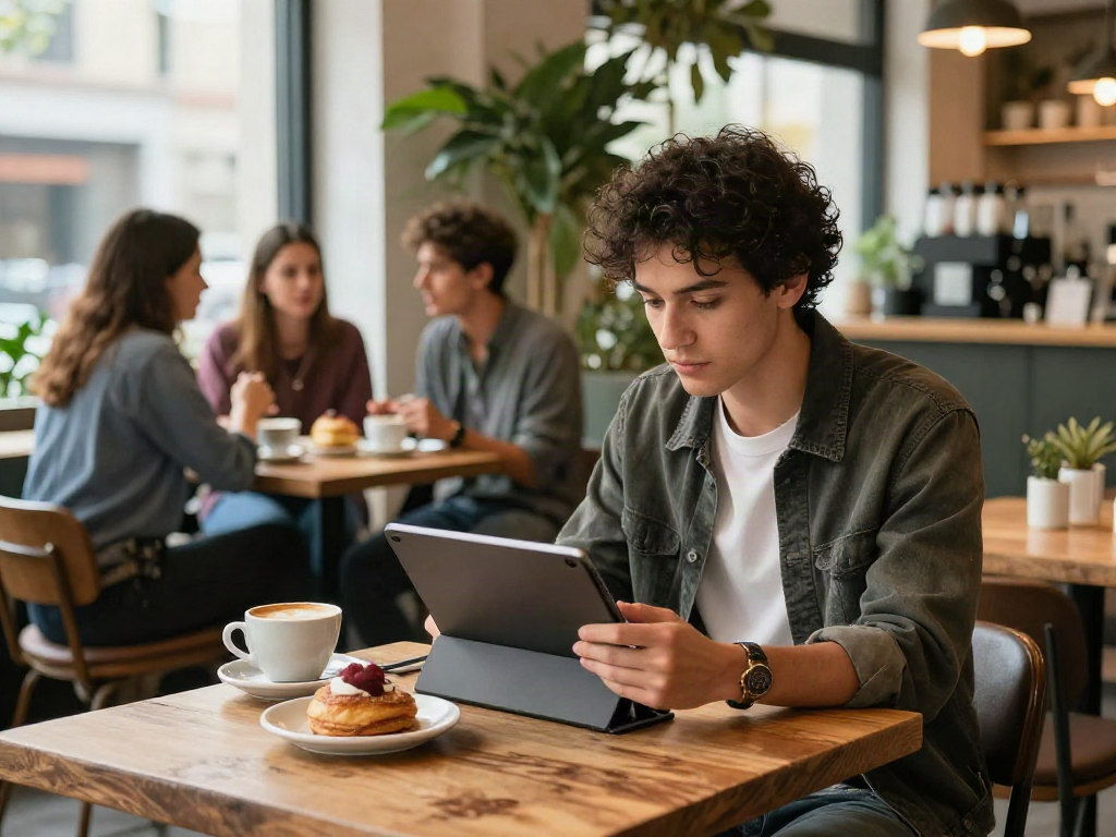 rokok88 urban lifestyle scene with trendy individual enjoying coffee and reading in a vibrant café
