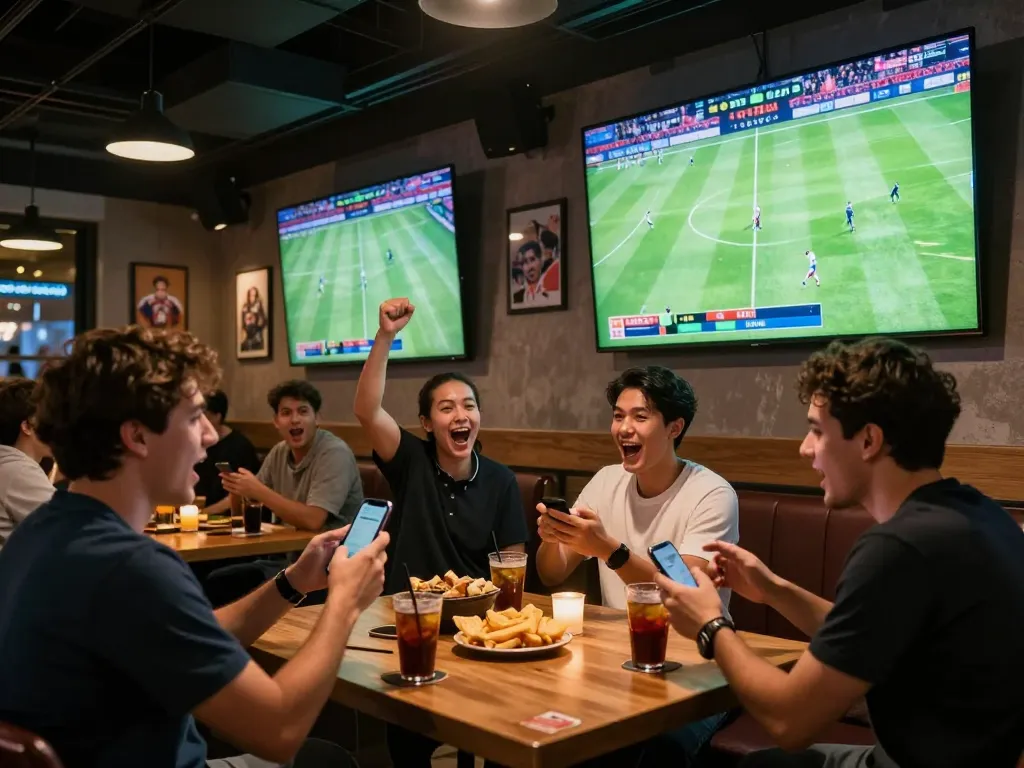 Socolive trực tiếp bóng đá experience with fans cheering and betting on smartphones in a lively sports bar.