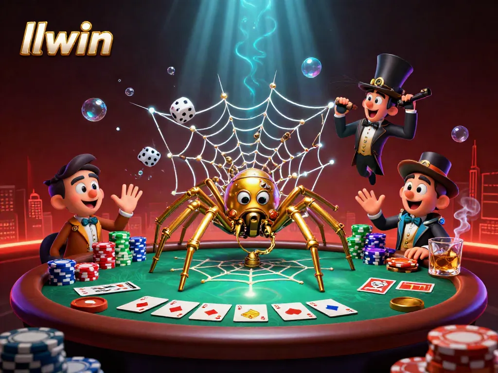 llwin steampunk casino scene with a golden spider and a trapped fly gentleman amidst poker elements.