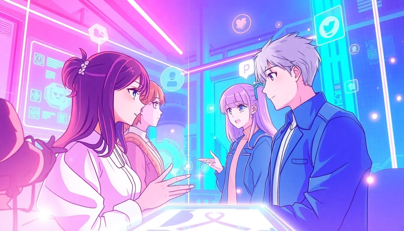 Interactive scene of hentai AI chat with anime characters in a vibrant digital environment.